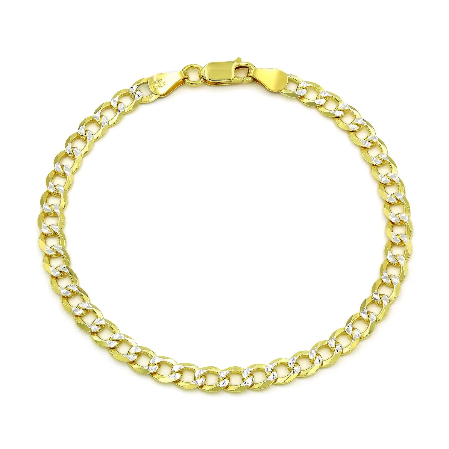 925 Sterling Silver Solid Cuban 5mm Diamond Cut Pave Gold Plated Curb Link Bracelet