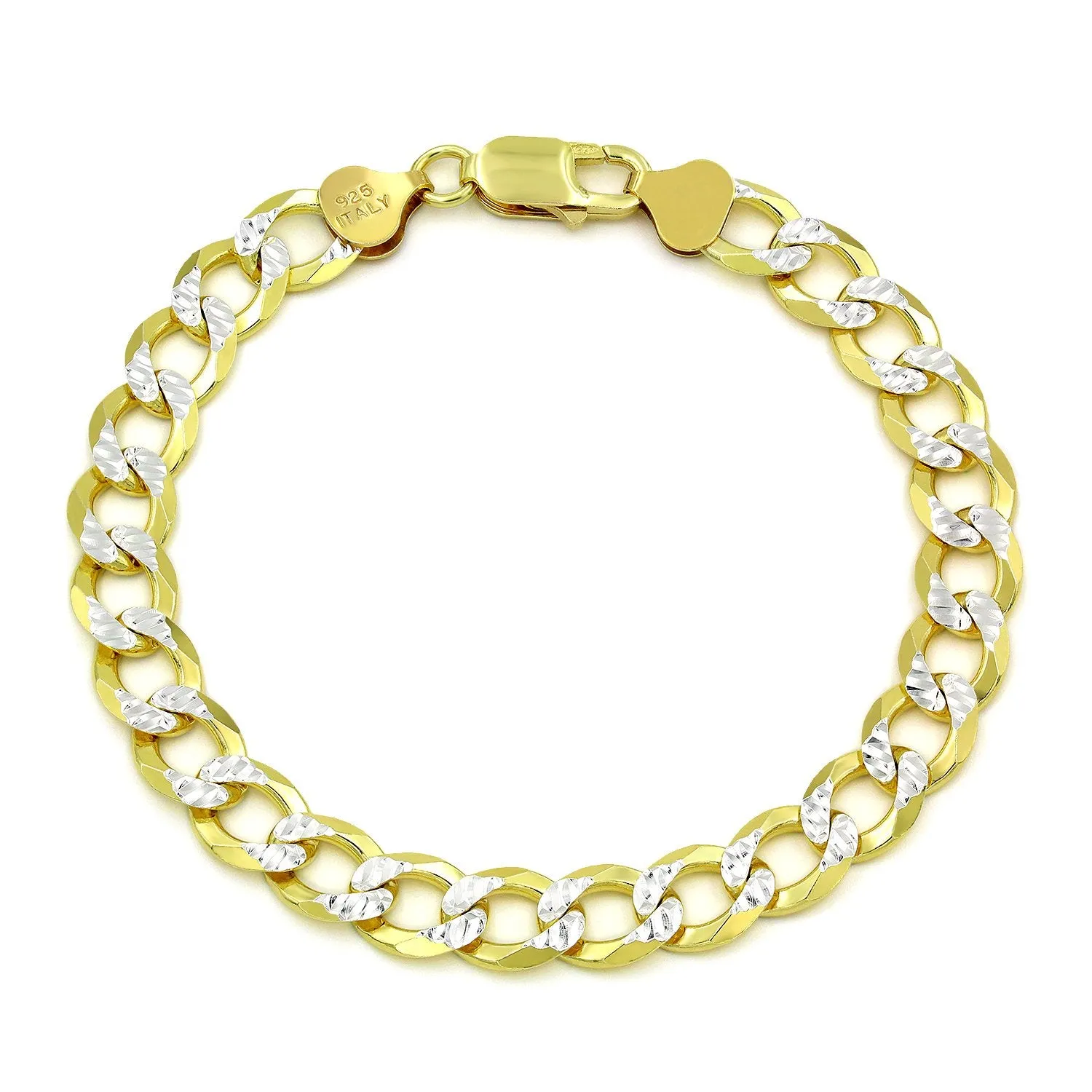 925 Sterling Silver Solid Cuban 8.5mm Diamond Cut Pave Gold Plated Curb Link Bracelet
