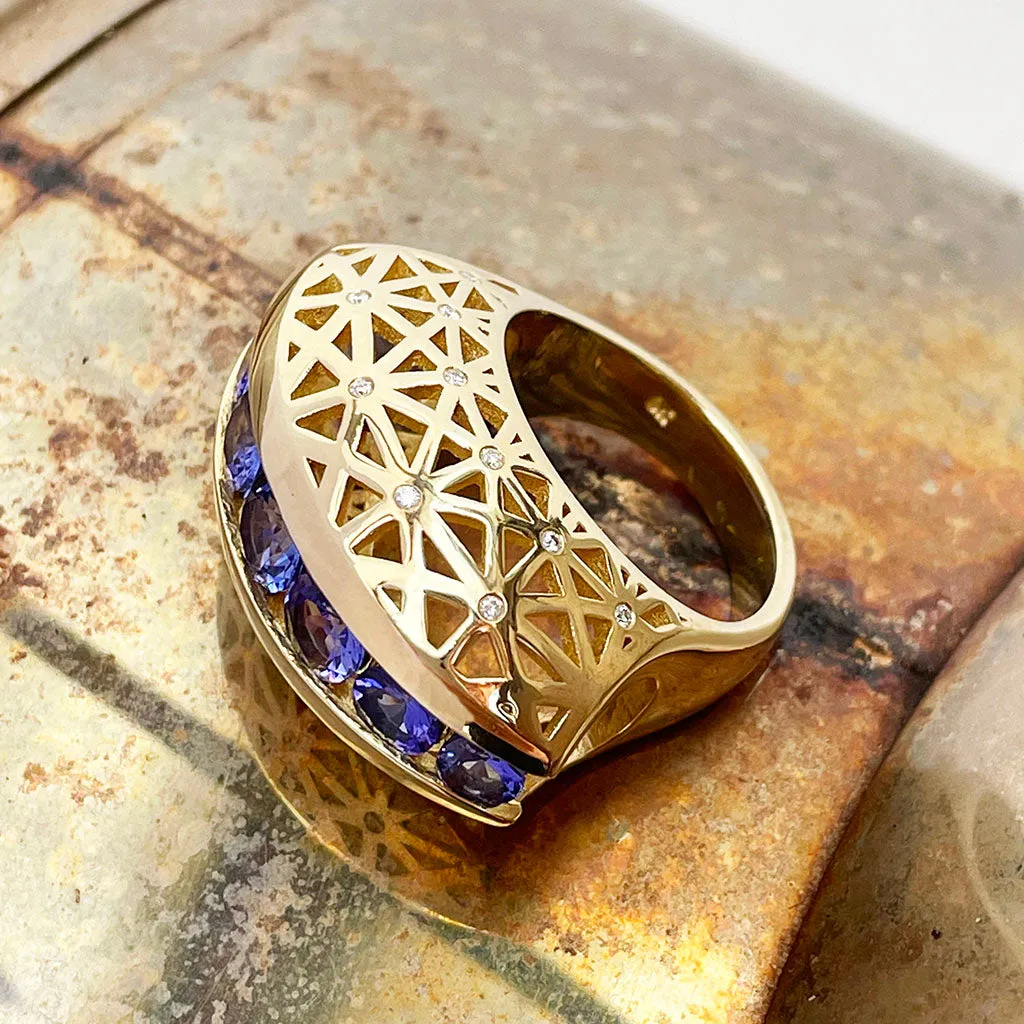 Afrogem Tanzanite And Diamond Raised Pattern Statement Ring in Yellow Gold