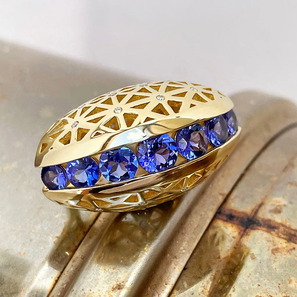 Afrogem Tanzanite And Diamond Raised Pattern Statement Ring in Yellow Gold