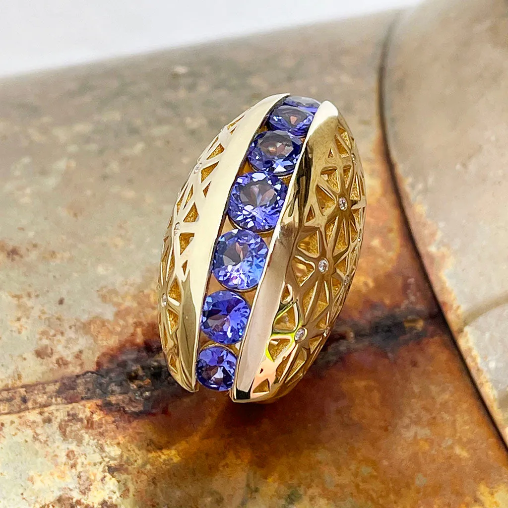 Afrogem Tanzanite And Diamond Raised Pattern Statement Ring in Yellow Gold
