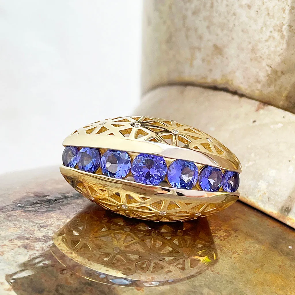 Afrogem Tanzanite And Diamond Raised Pattern Statement Ring in Yellow Gold