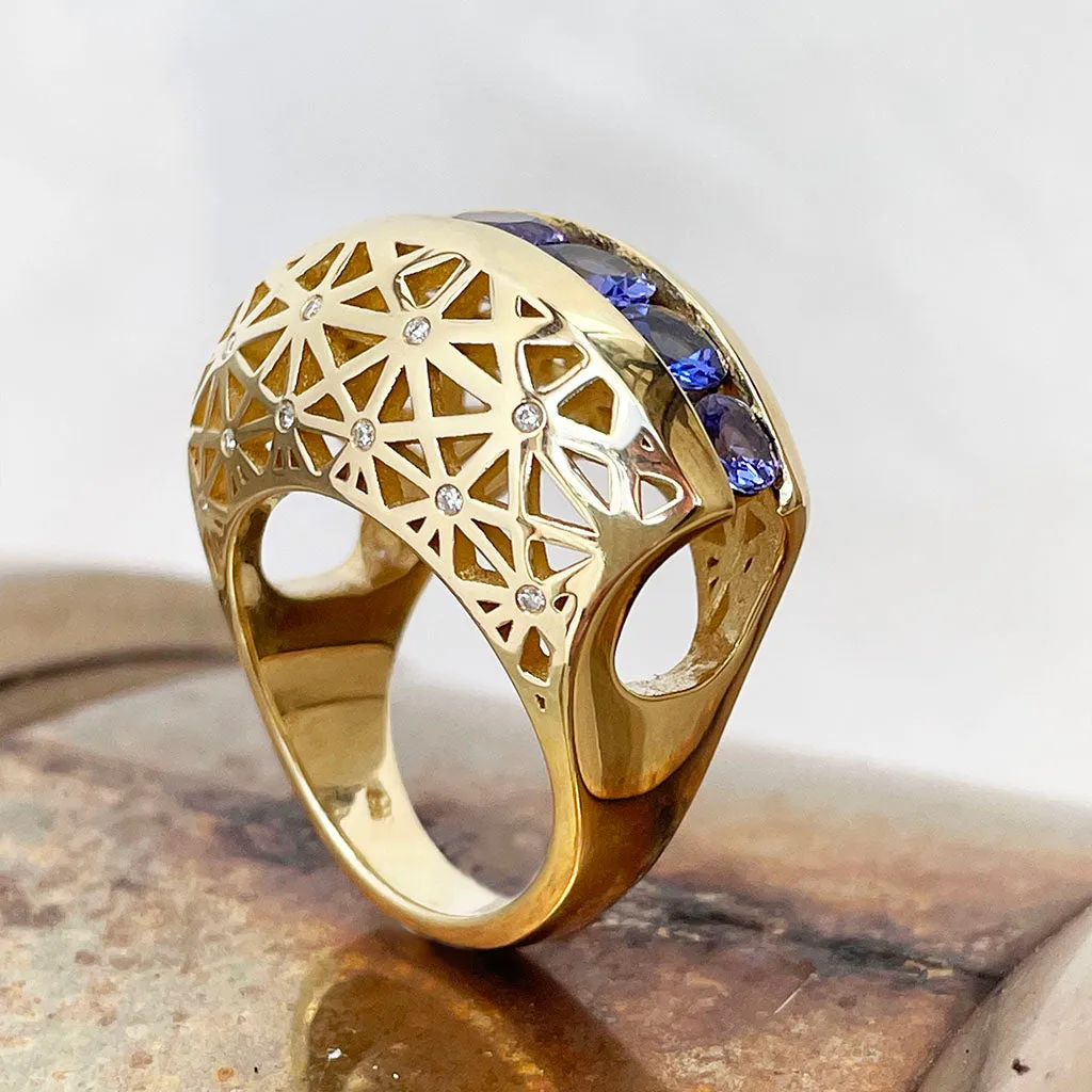 Afrogem Tanzanite And Diamond Raised Pattern Statement Ring in Yellow Gold