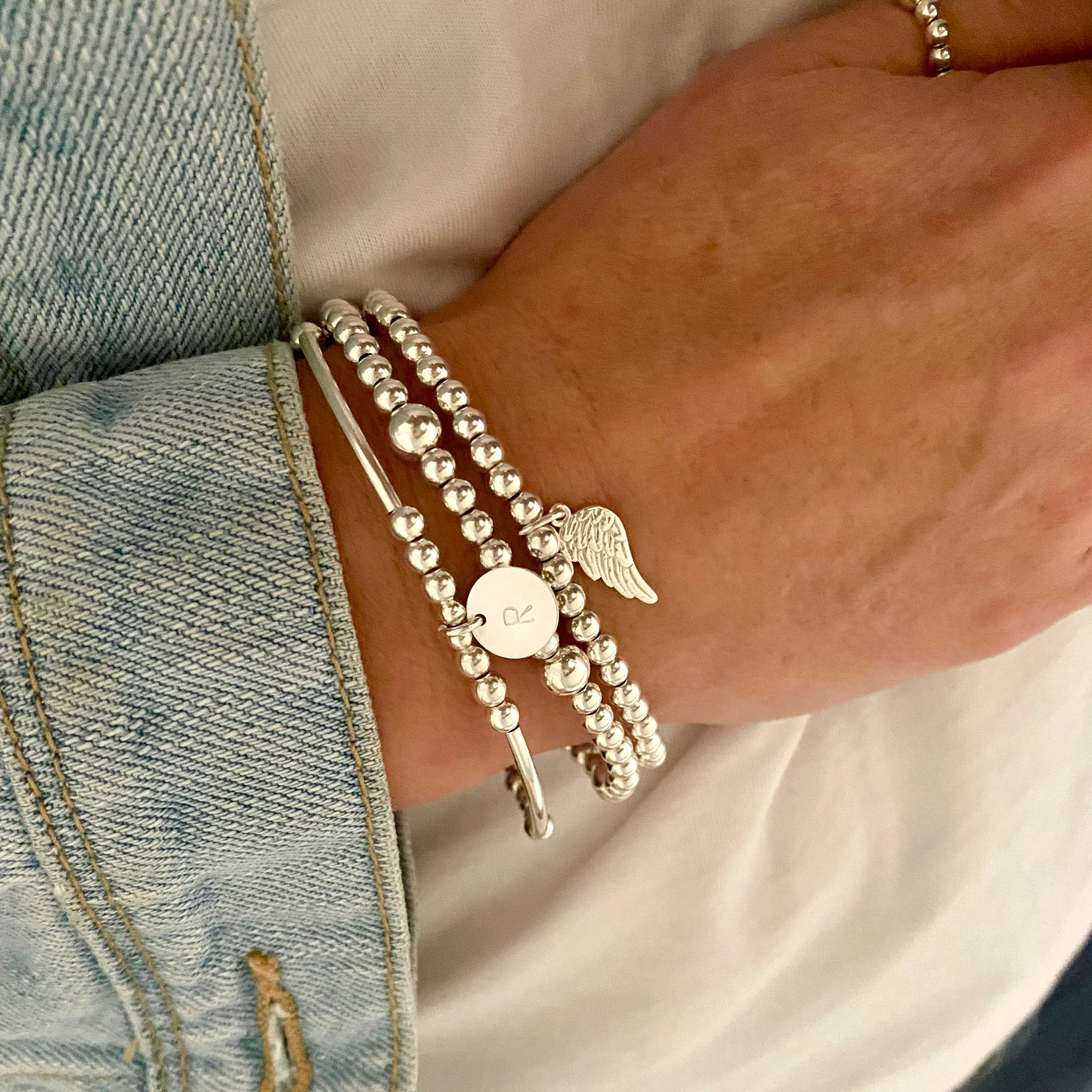 ANGEL | Silver Personalised Angel Wing Bracelet Stack