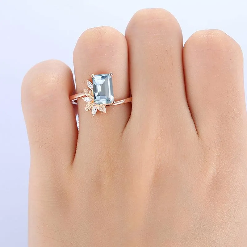 Antique 2 CT Emerald Cut  Natural inspired Leaf  Aquamarine Ring