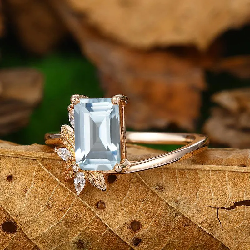 Antique 2 CT Emerald Cut  Natural inspired Leaf  Aquamarine Ring