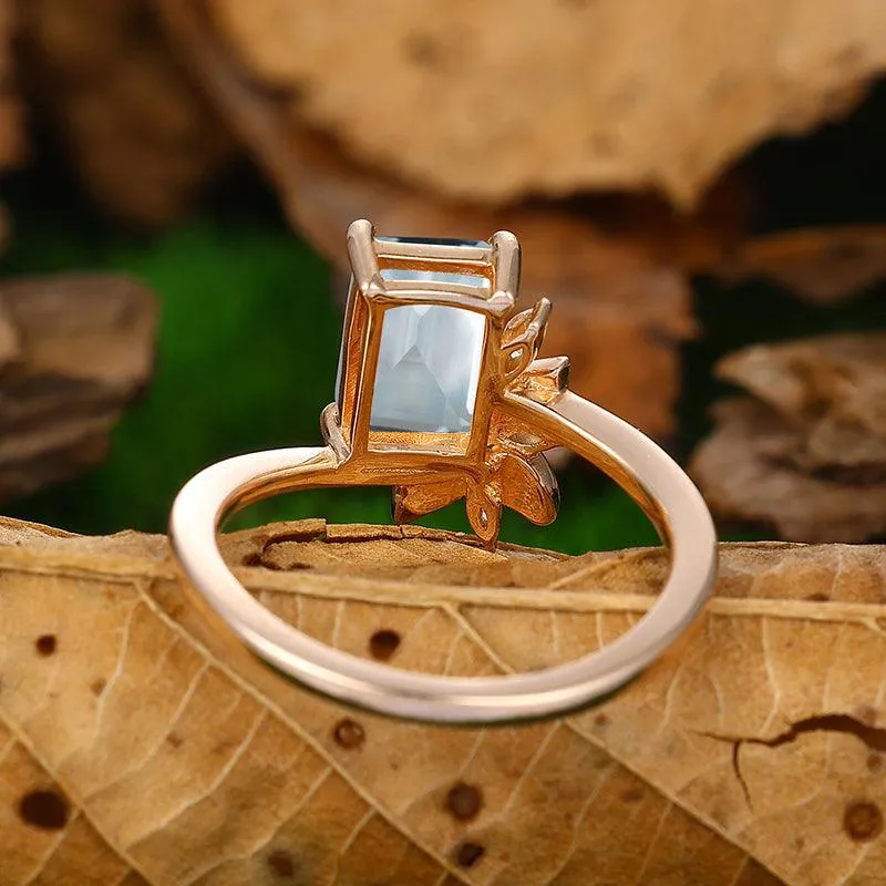 Antique 2 CT Emerald Cut  Natural inspired Leaf  Aquamarine Ring