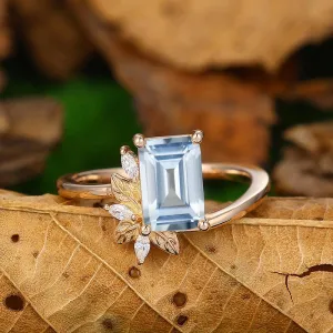 Antique 2 CT Emerald Cut  Natural inspired Leaf  Aquamarine Ring
