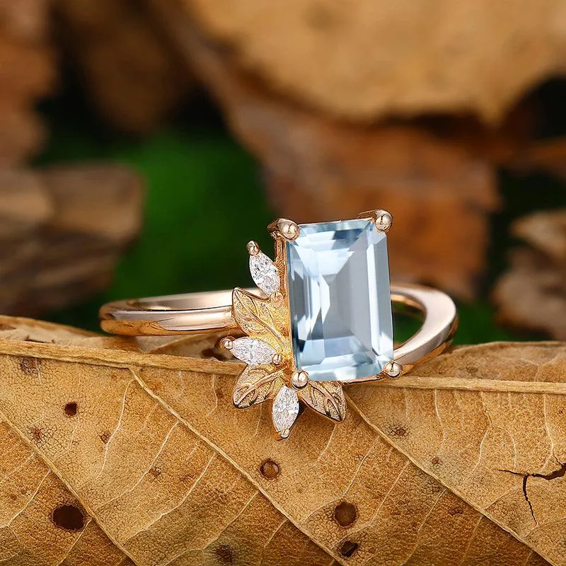 Antique 2 CT Emerald Cut  Natural inspired Leaf  Aquamarine Ring