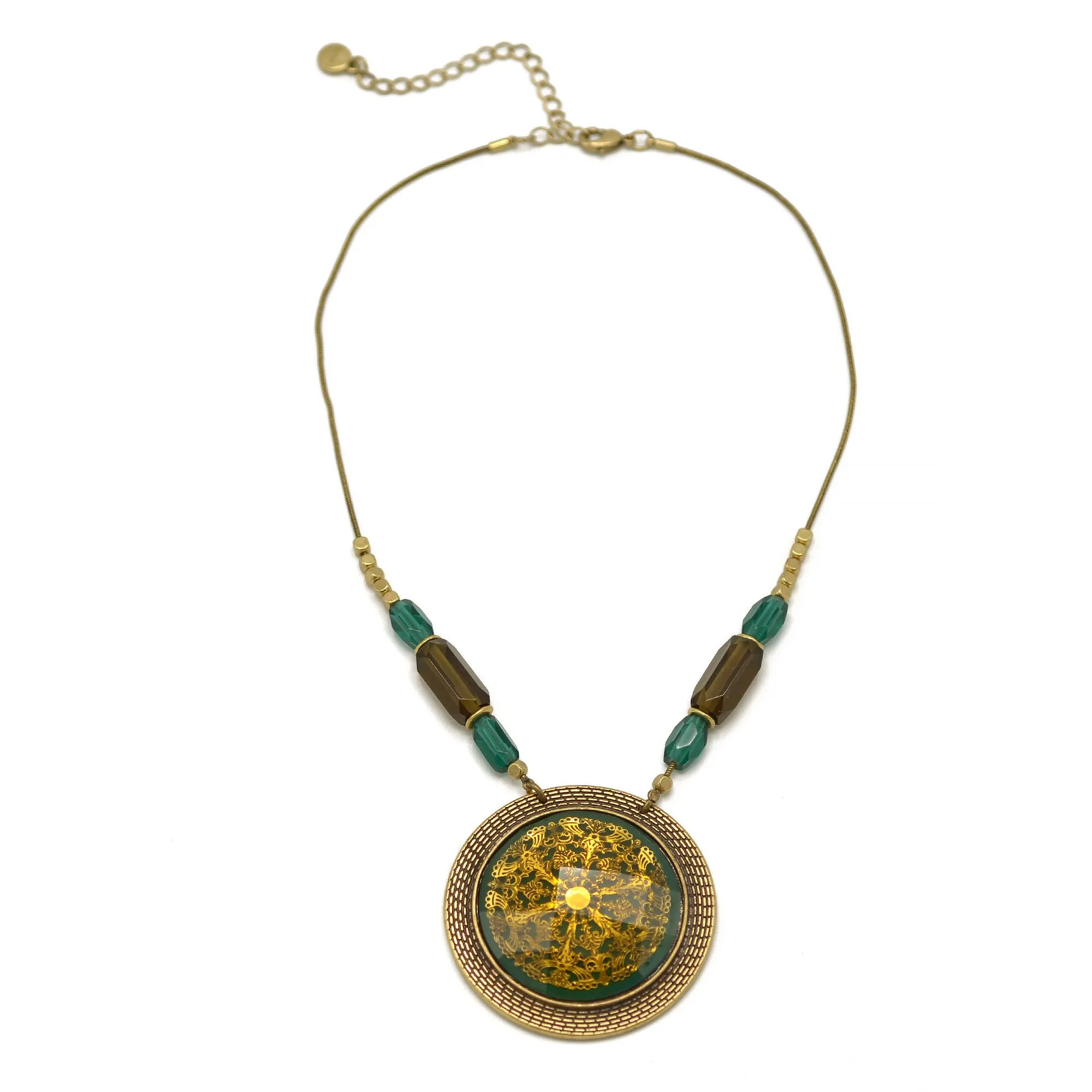 Antique Gold Flower Green Round Faceted Pendant Green And Smokey Beads  Necklaces #195TL1101 (2C2/4B1)