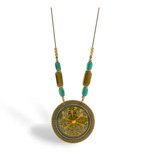 Antique Gold Flower Green Round Faceted Pendant Green And Smokey Beads  Necklaces #195TL1101 (2C2/4B1)