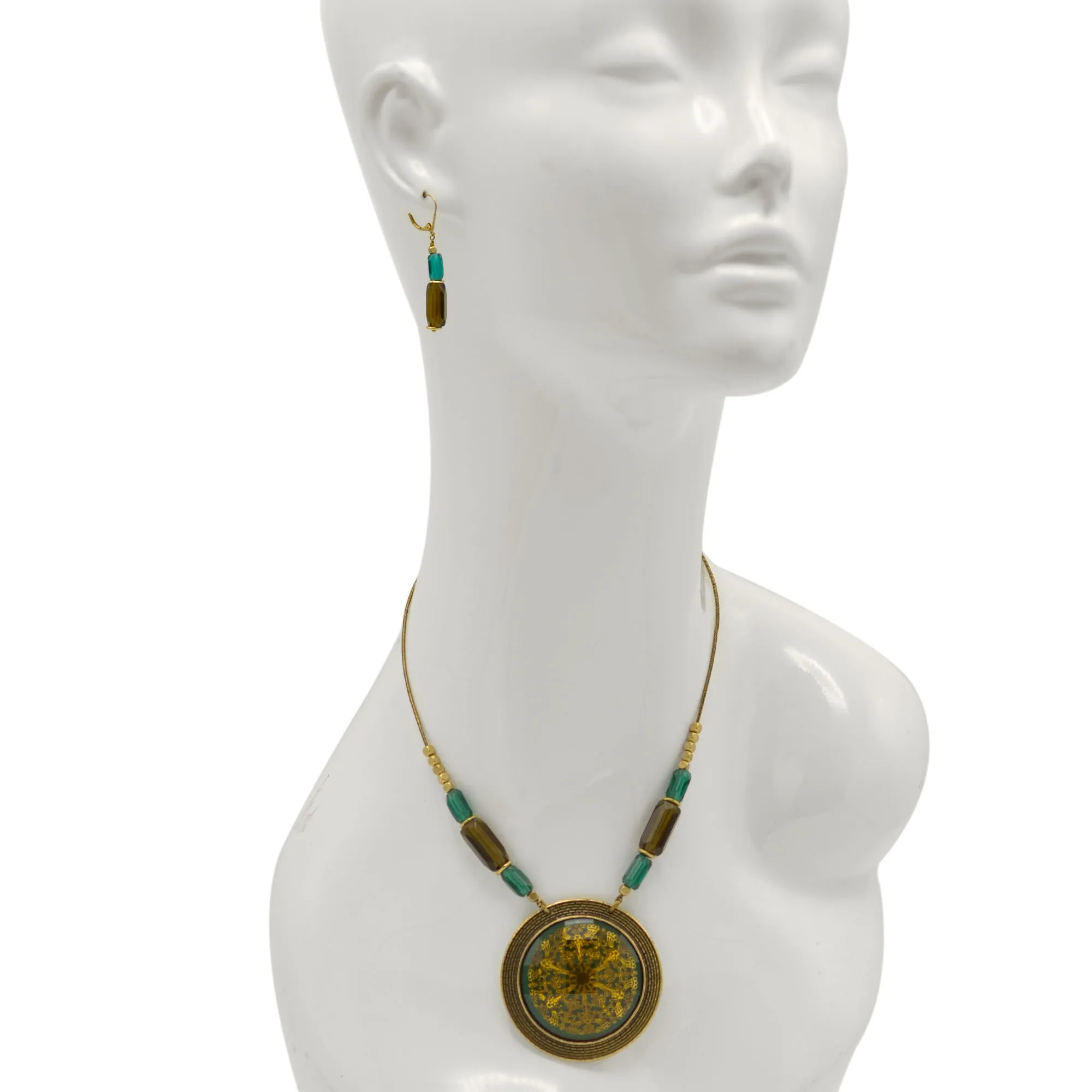 Antique Gold Flower Green Round Faceted Pendant Green And Smokey Beads  Necklaces #195TL1101 (2C2/4B1)