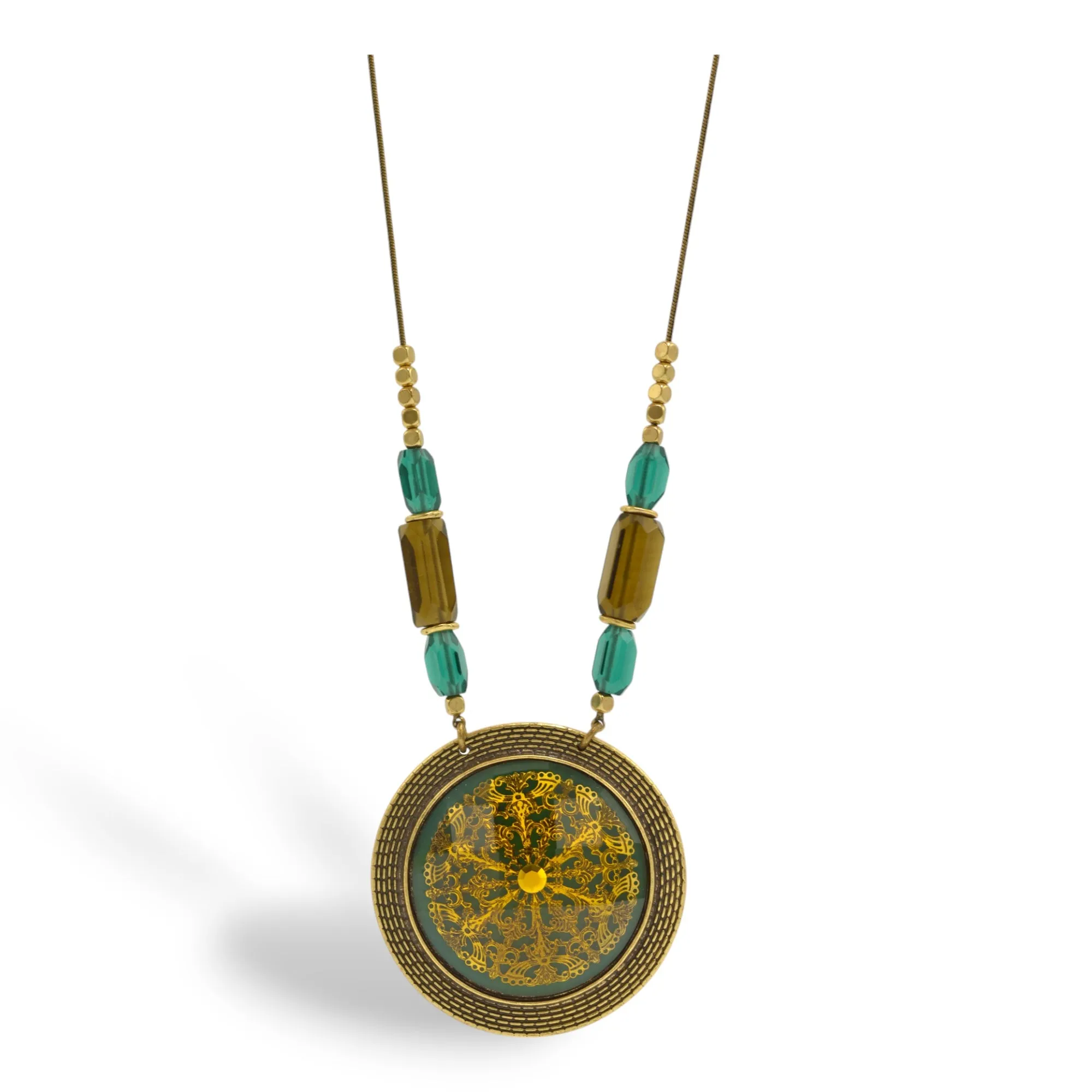 Antique Gold Flower Green Round Faceted Pendant Green And Smokey Beads  Necklaces #195TL1101 (2C2/4B1)