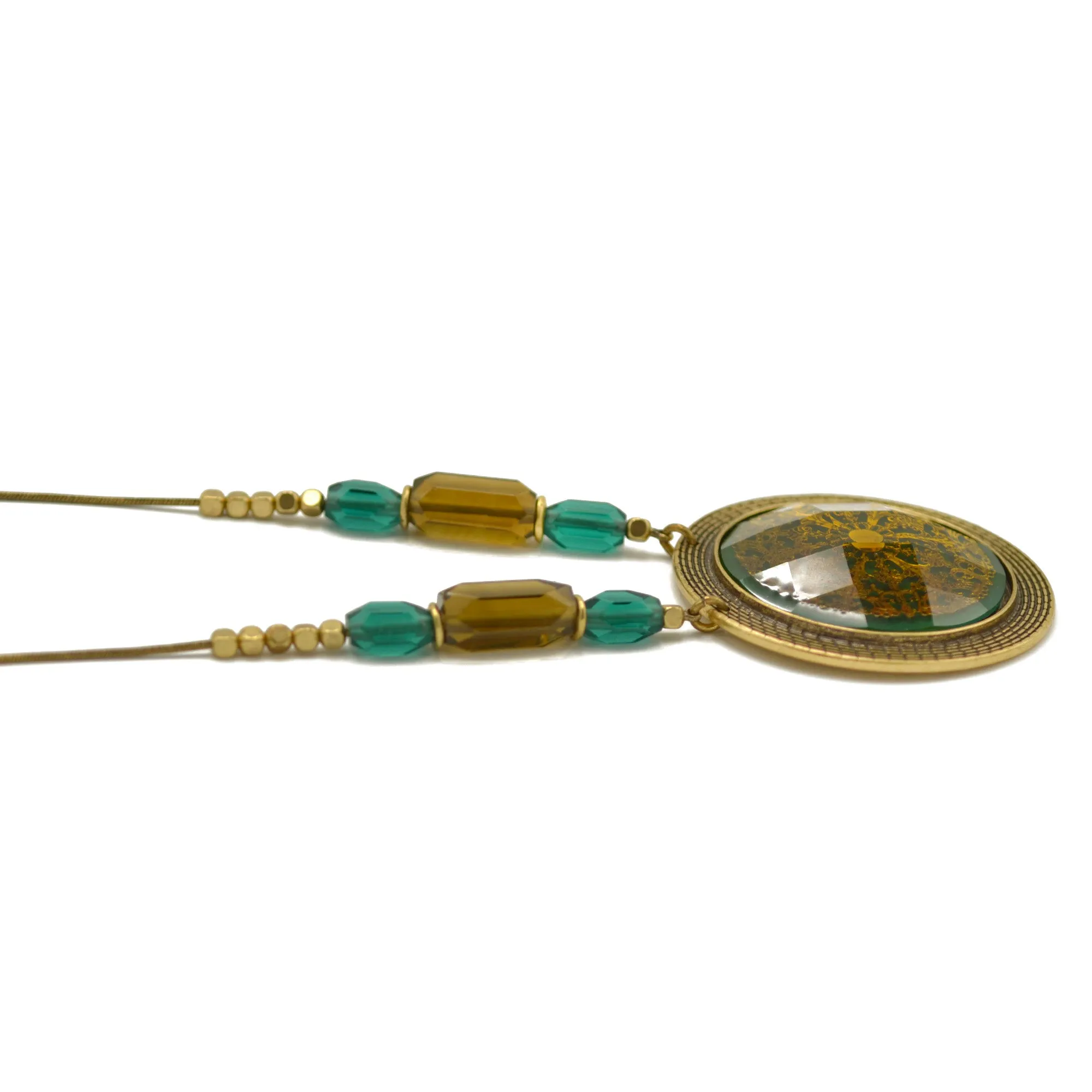 Antique Gold Flower Green Round Faceted Pendant Green And Smokey Beads  Necklaces #195TL1101 (2C2/4B1)