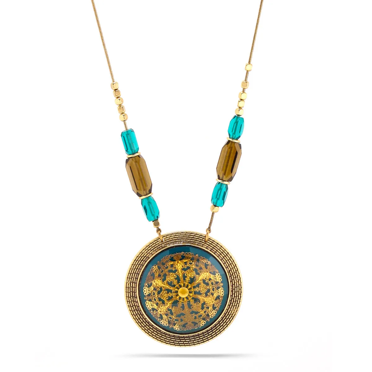 Antique Gold Flower Green Round Faceted Pendant Green And Smokey Beads  Necklaces #195TL1101 (2C2/4B1)