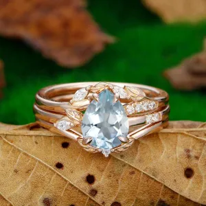 Antique Pear Cut 10k Rose Gold Natural Leaf Cluster Aqumarine Ring Set