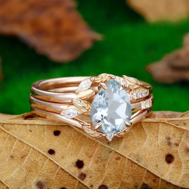 Antique Pear Cut 10k Rose Gold Natural Leaf Cluster Aqumarine Ring Set