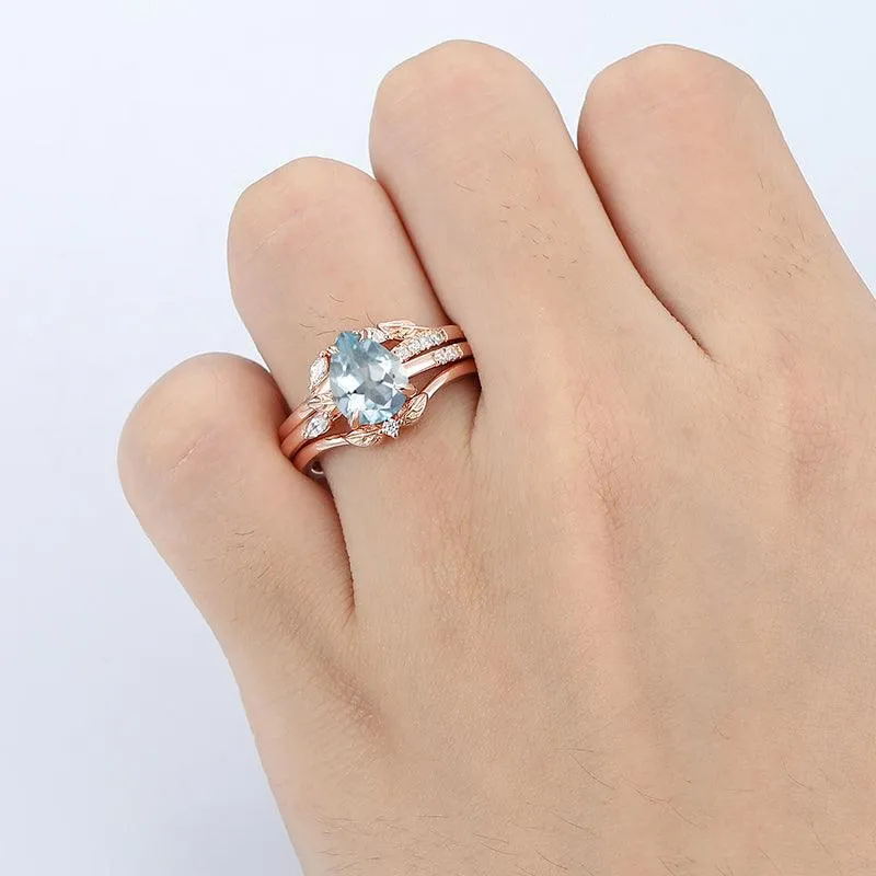 Antique Pear Cut 10k Rose Gold Natural Leaf Cluster Aqumarine Ring Set
