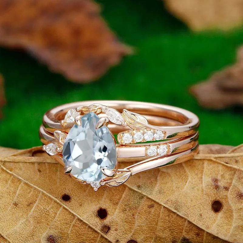 Antique Pear Cut 10k Rose Gold Natural Leaf Cluster Aqumarine Ring Set