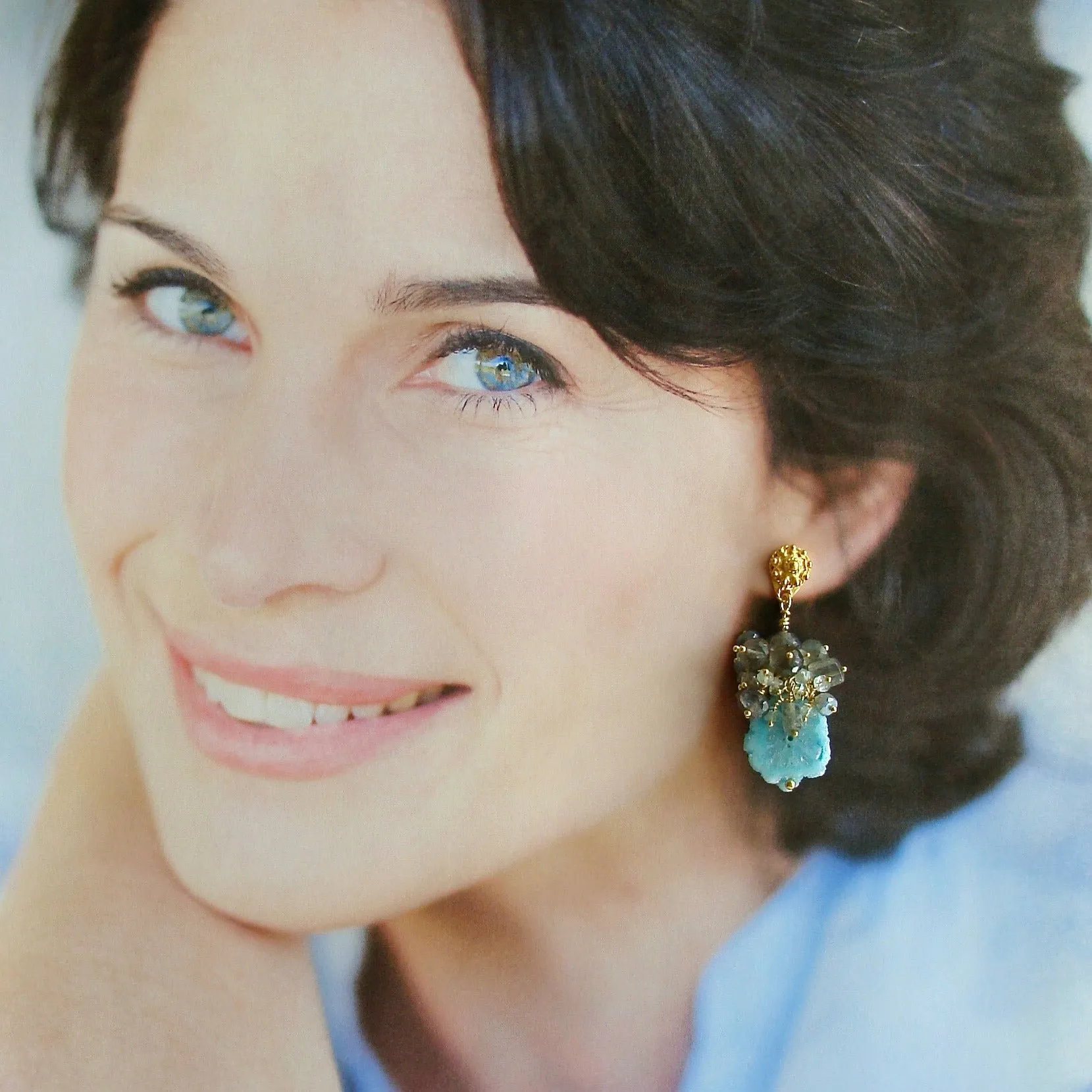 Aqua Stalactite Slices With Aquamarine Labradorite Clusters - Millie Earrings