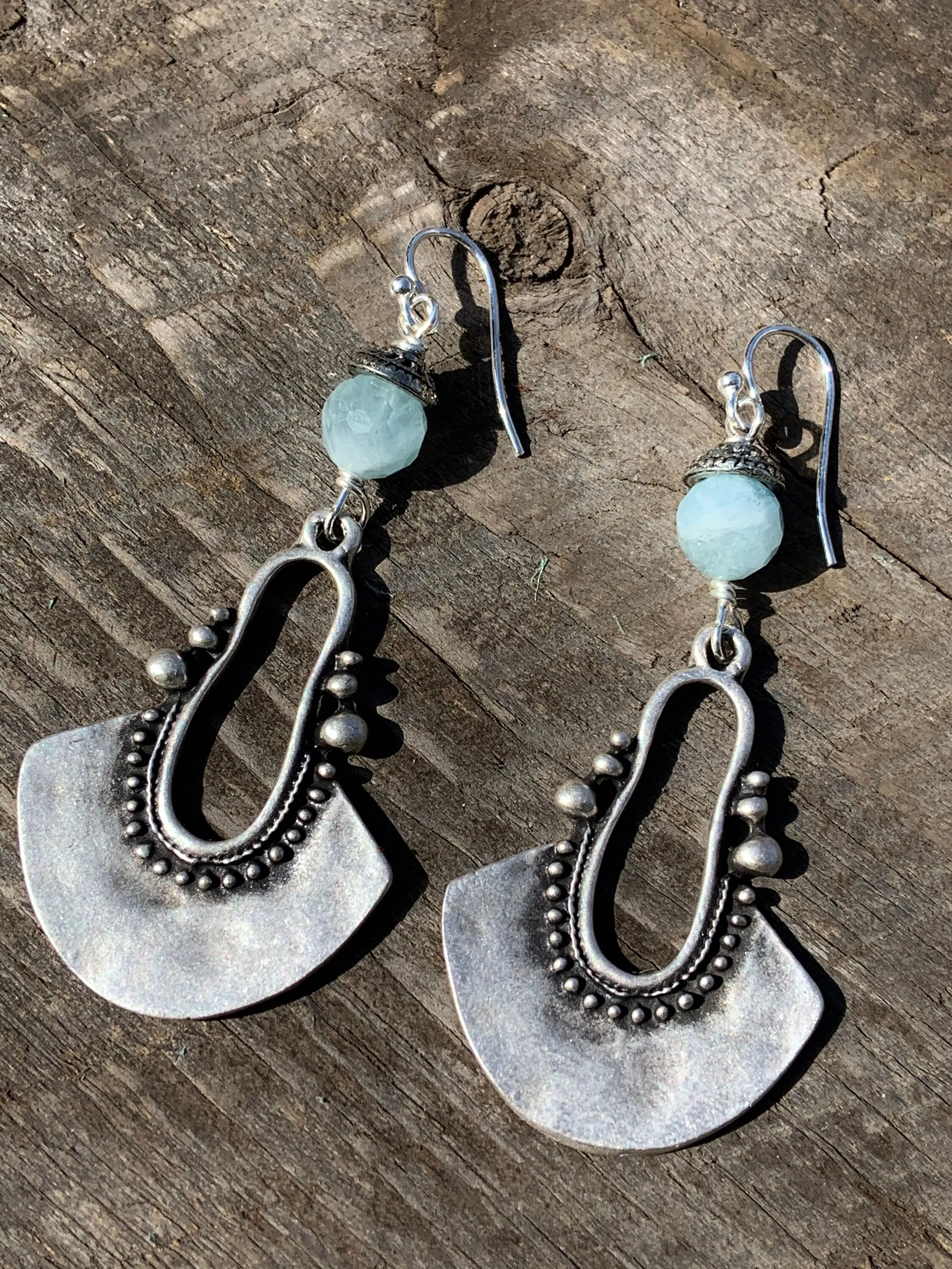 Aquamarine and Oxidized Sterling Silver Plated Earrings