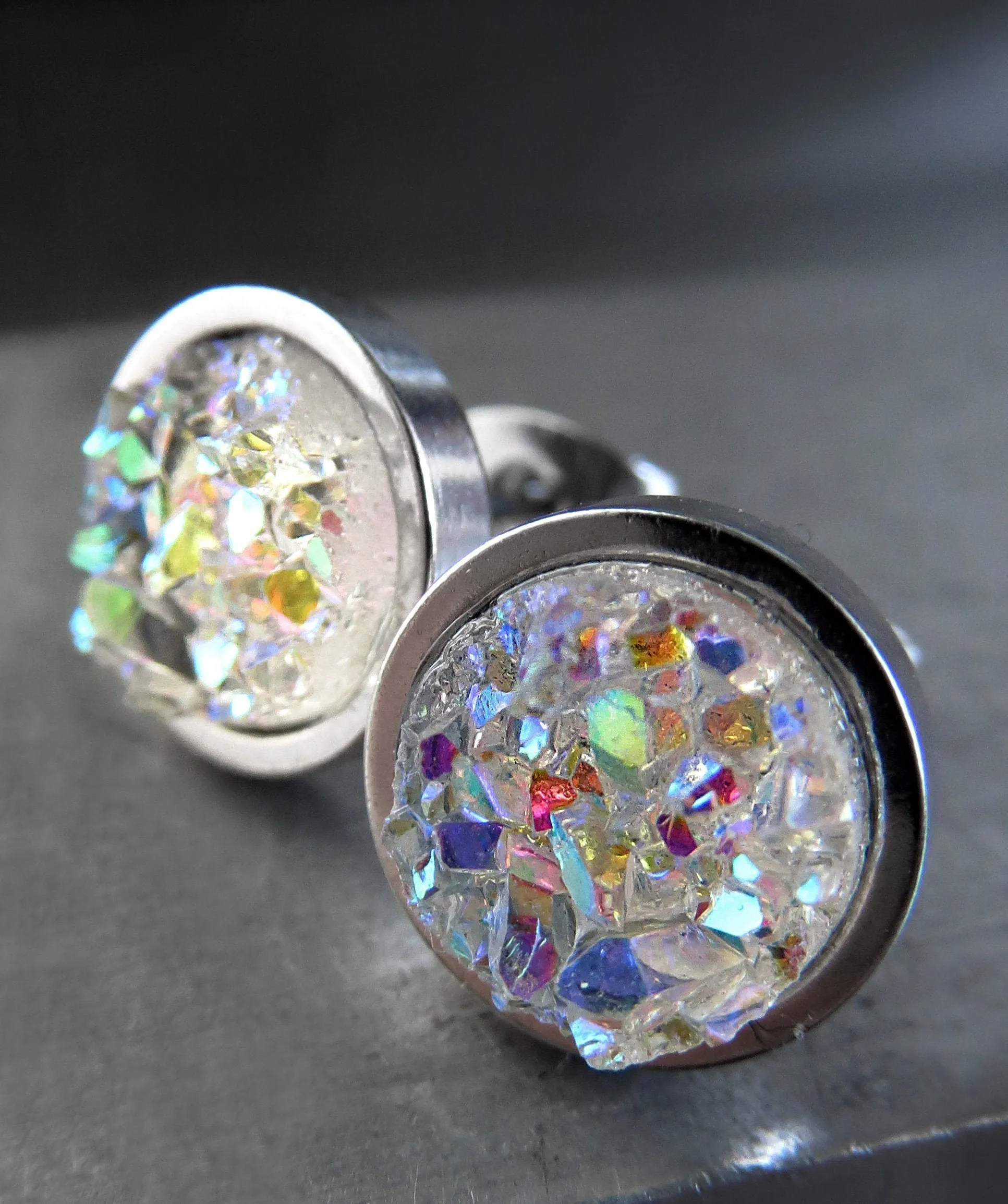 AURORA ICE - Shimmer Iridescent Stud Earrings with Simulated Druzy