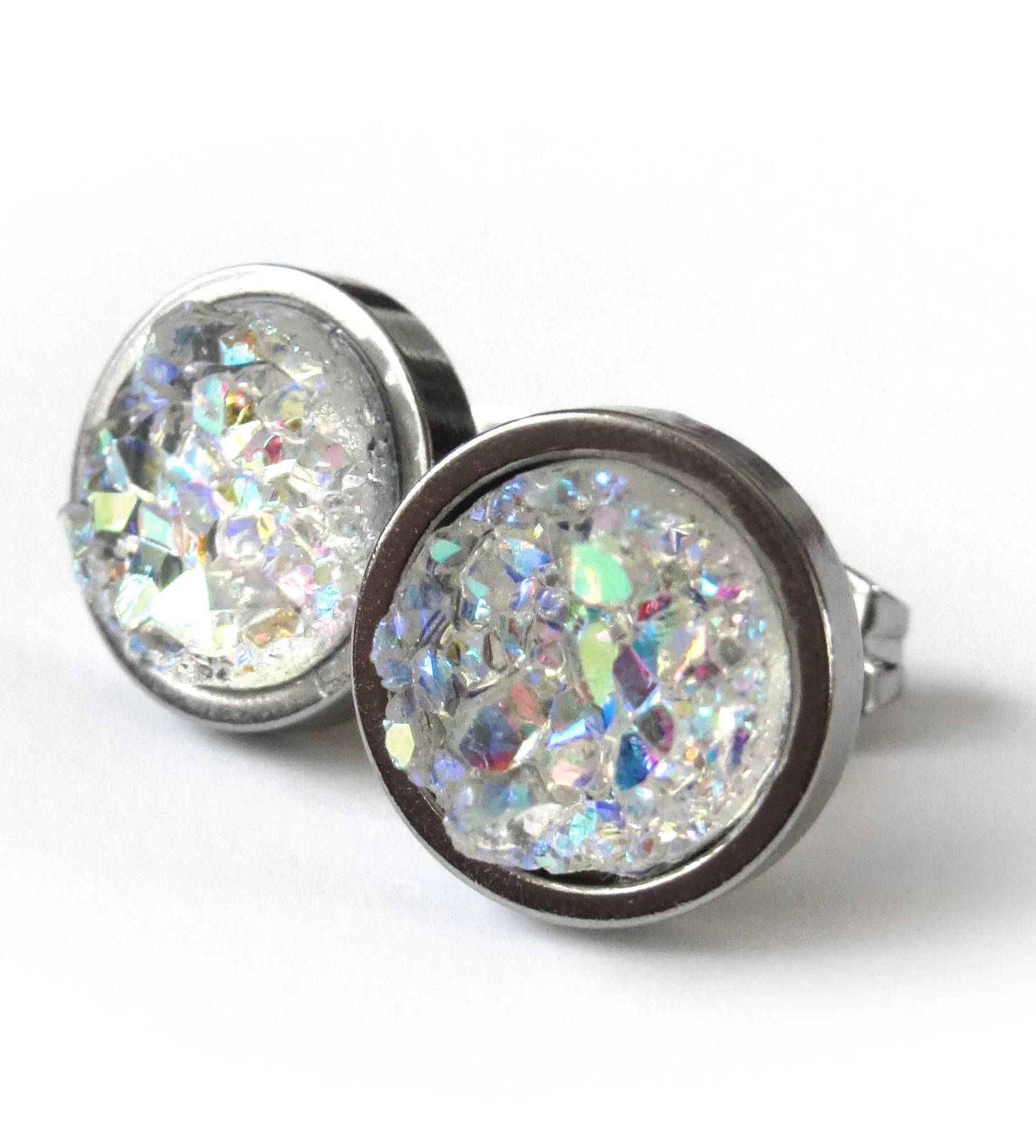 AURORA ICE - Shimmer Iridescent Stud Earrings with Simulated Druzy