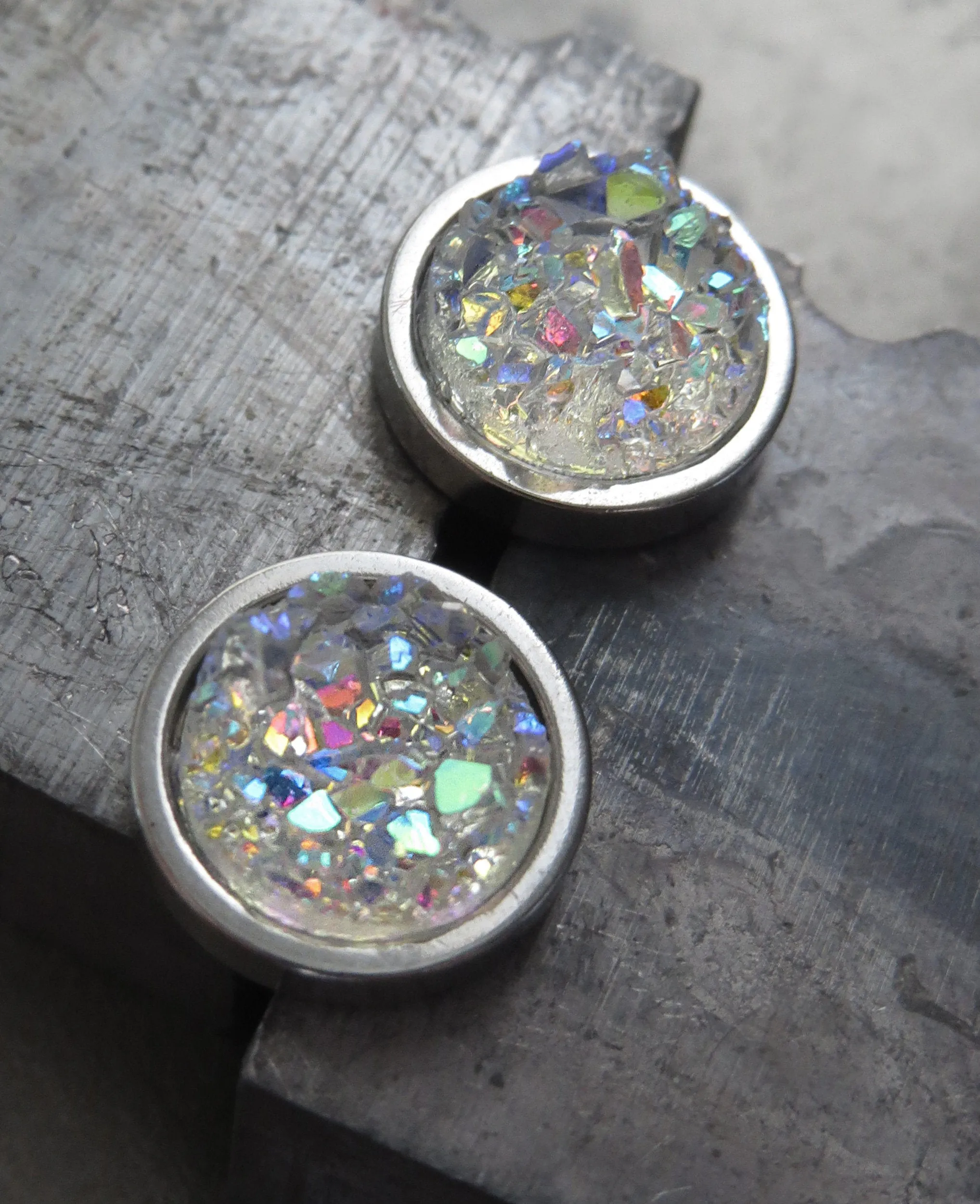 AURORA ICE - Shimmer Iridescent Stud Earrings with Simulated Druzy