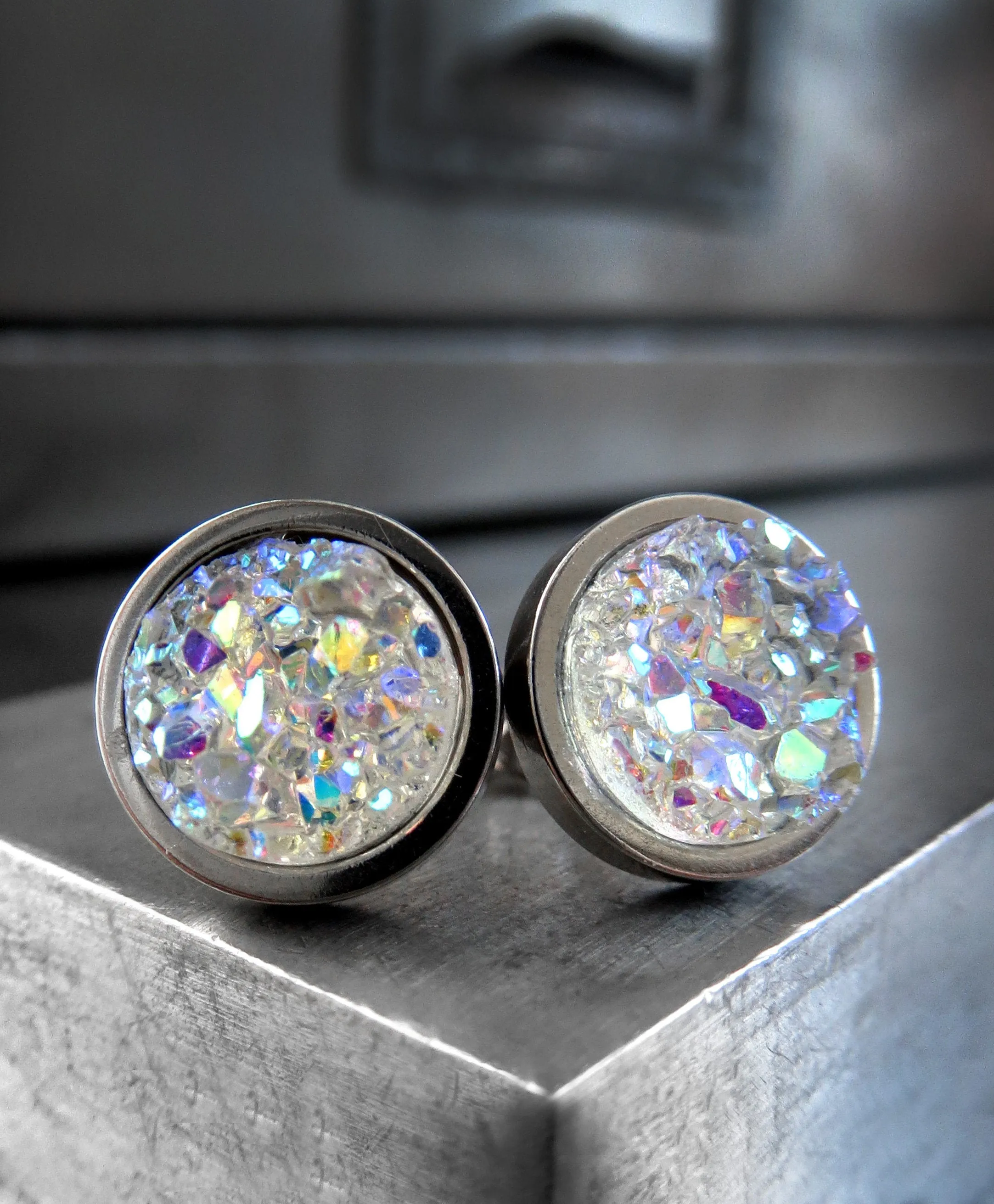 AURORA ICE - Shimmer Iridescent Stud Earrings with Simulated Druzy