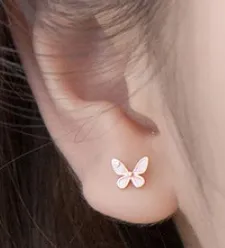 Baby and Children's Earrings:  Sterling Silver Pink and White Enamelled Butterflies