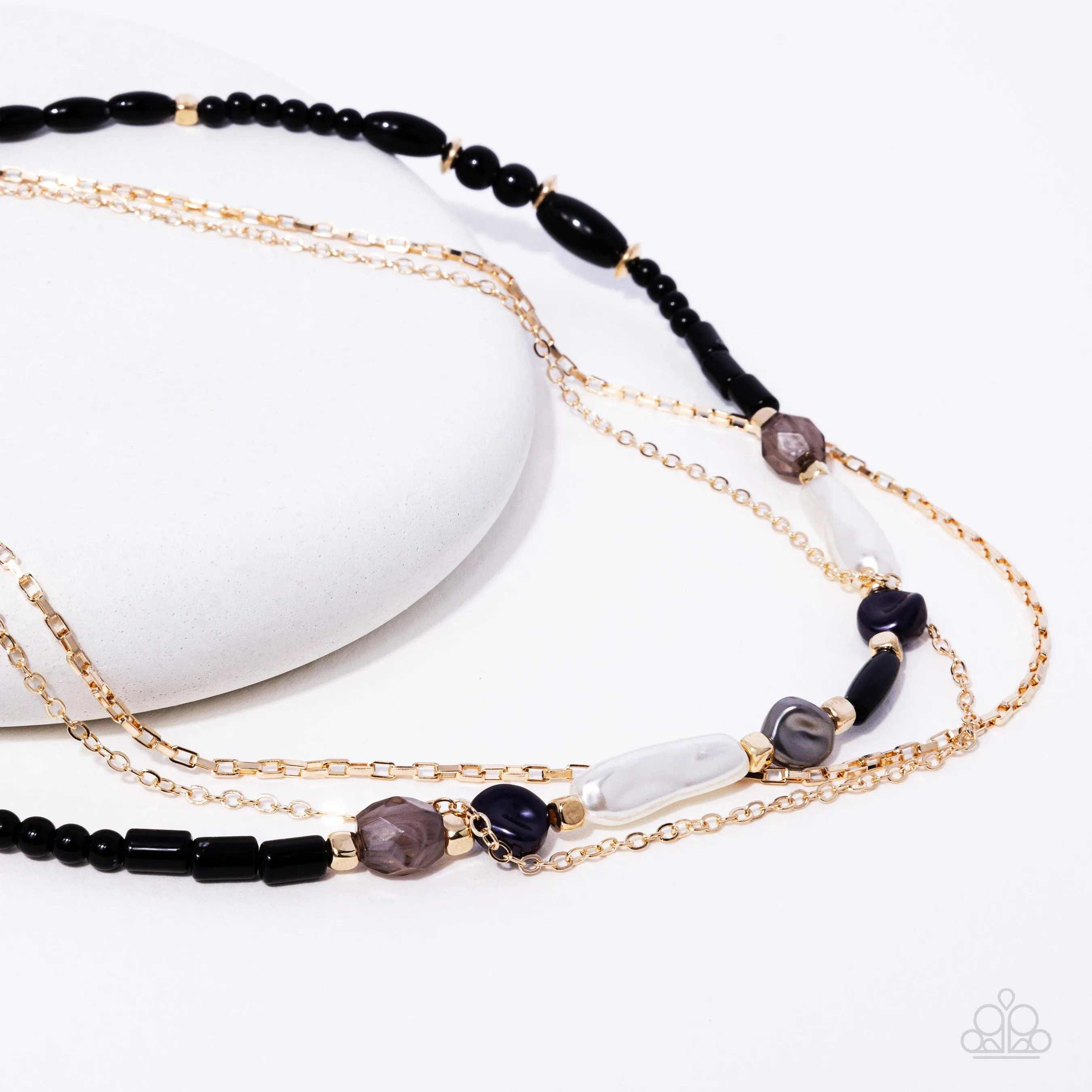 Basic Beading - Black - Topaz, and Gold Bead, White Baroque Pearl Tiered Paparazzi Short Necklace