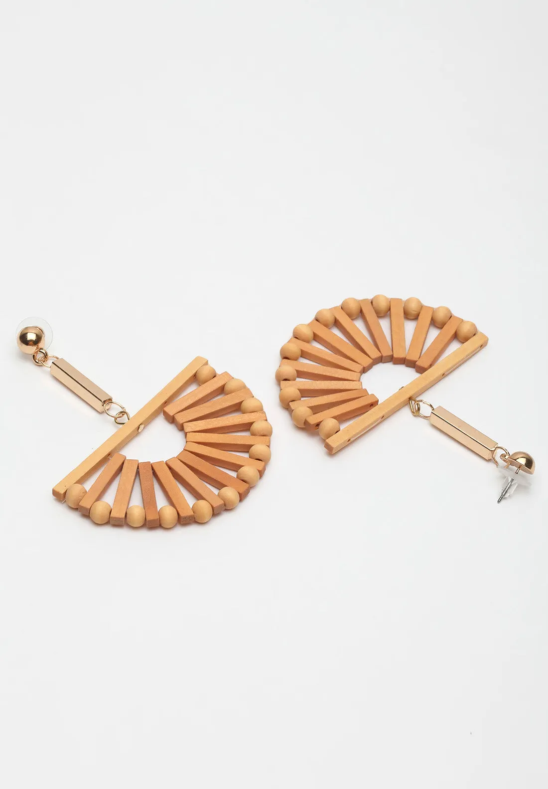 Beige Geometric Wooden Hanging Earrings