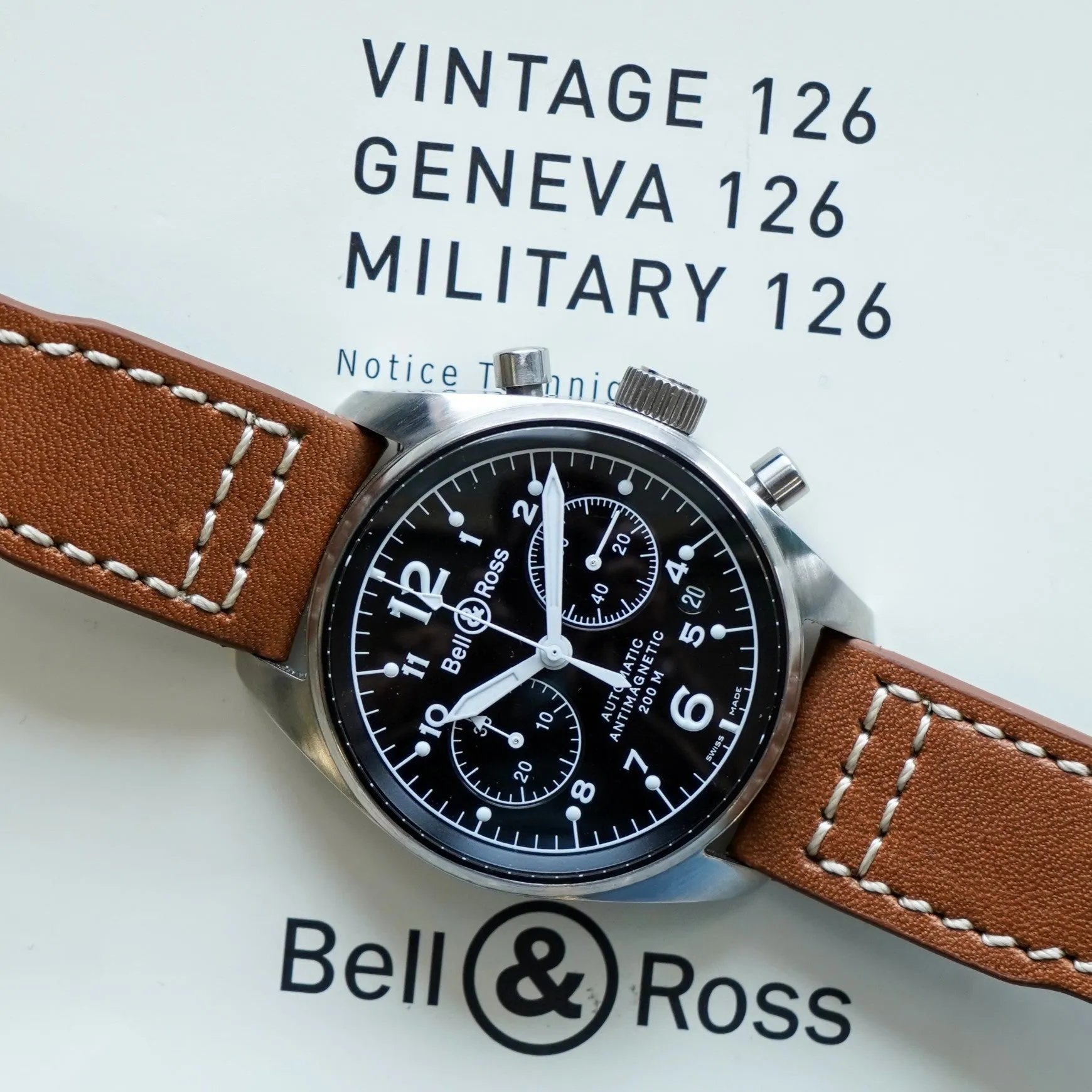 BELL & ROSS Vintage 126 Military Watch Automatic Chronograph Wristwatch - 126.A-S12199 Double Box & Papers