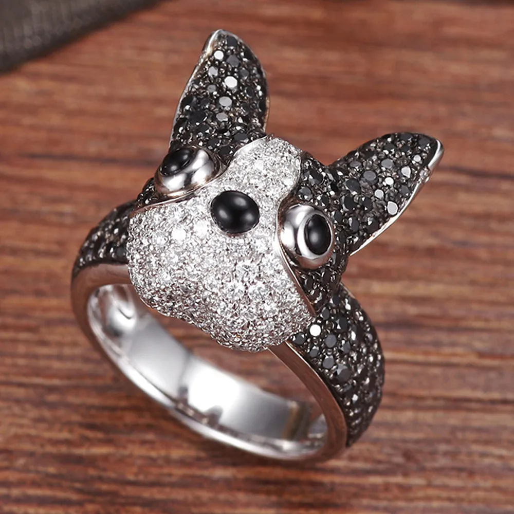 Black and White Diamond 3D French Bulldog Cocktail Ring