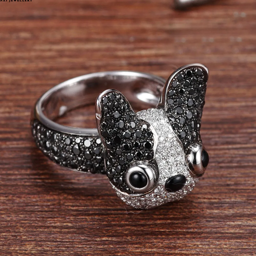 Black and White Diamond 3D French Bulldog Cocktail Ring