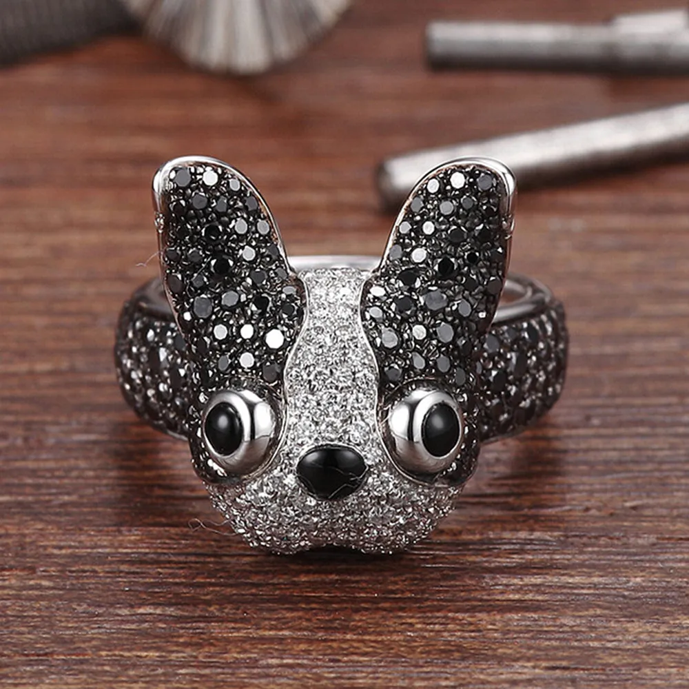 Black and White Diamond 3D French Bulldog Cocktail Ring