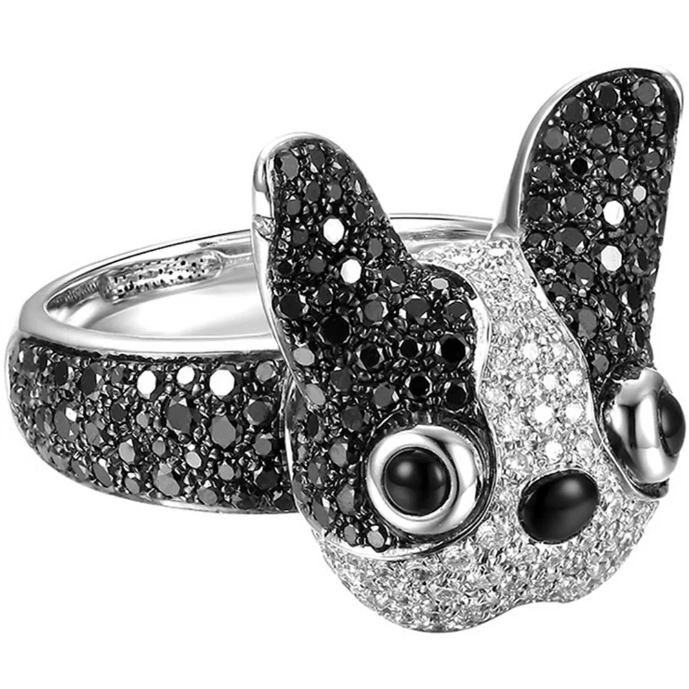 Black and White Diamond 3D French Bulldog Cocktail Ring