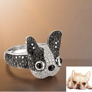 Black and White Diamond 3D French Bulldog Cocktail Ring
