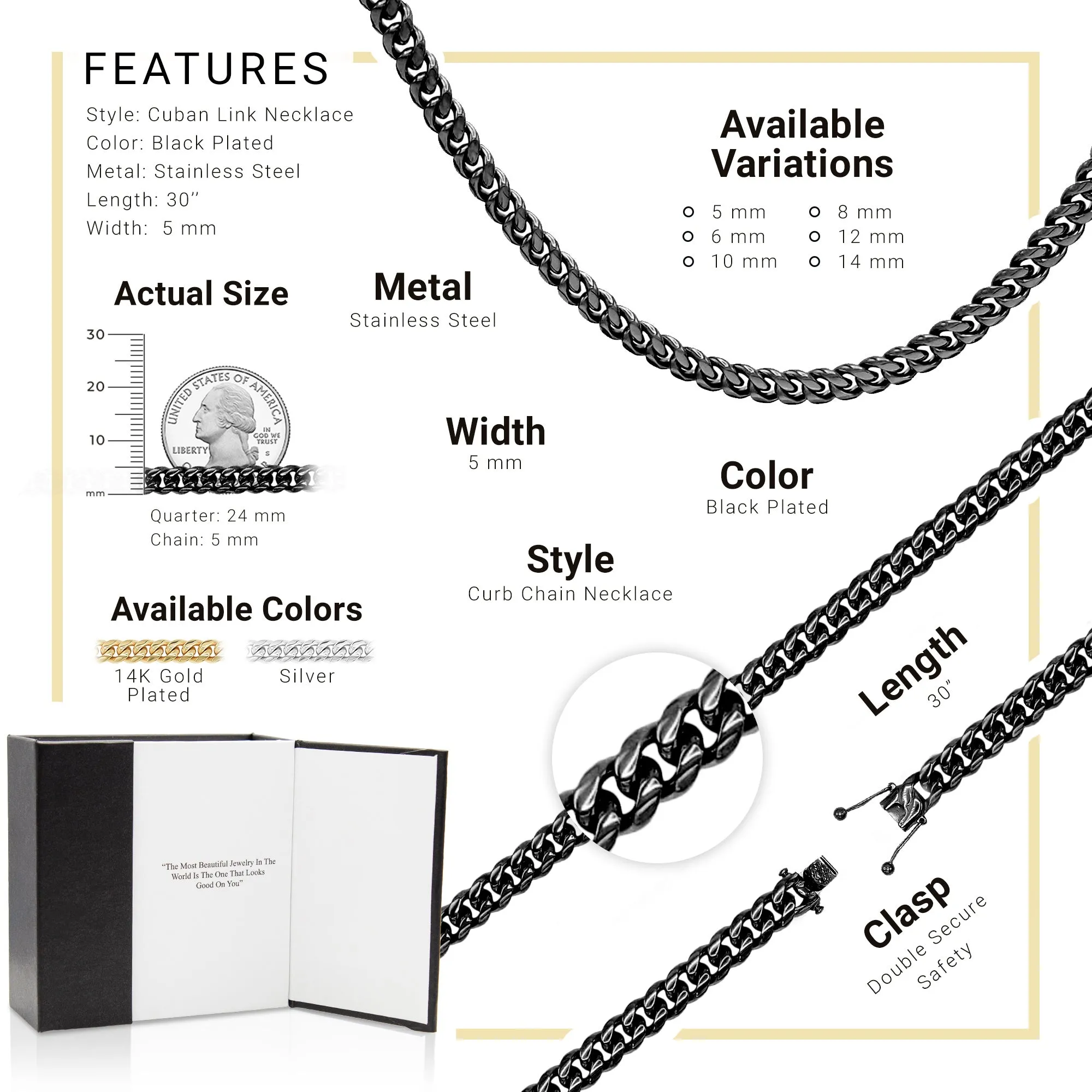 Black Cuban Link Stainless Steel Necklace 30"