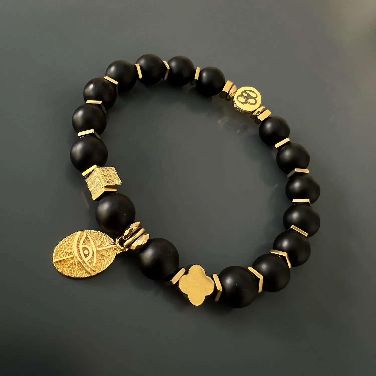 Black Onyx Stone Gold Evil Eye Beaded Bracelet
