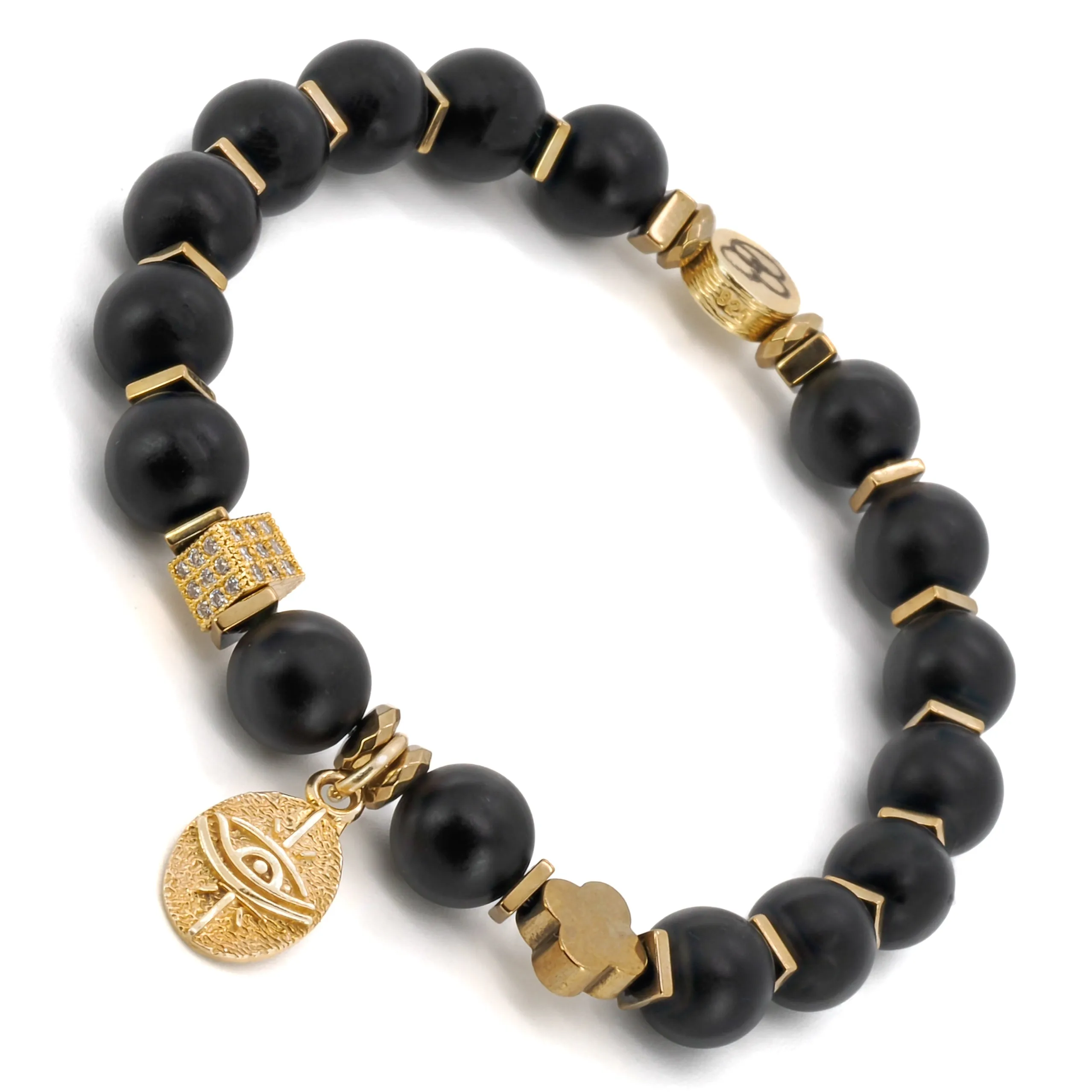 Black Onyx Stone Gold Evil Eye Beaded Bracelet