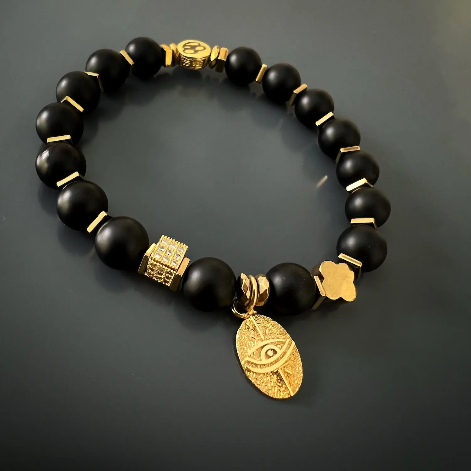 Black Onyx Stone Gold Evil Eye Beaded Bracelet