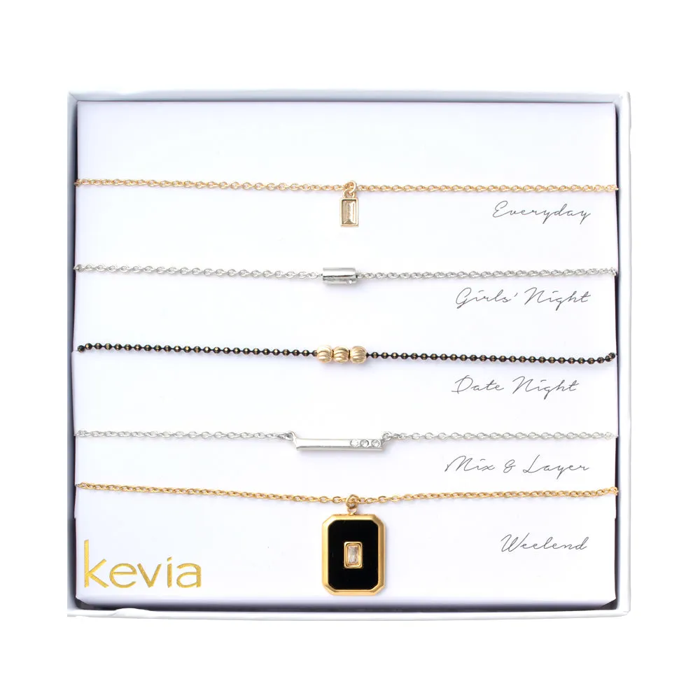 Black Rectangle Drop Pendant Mixed Metal Necklace