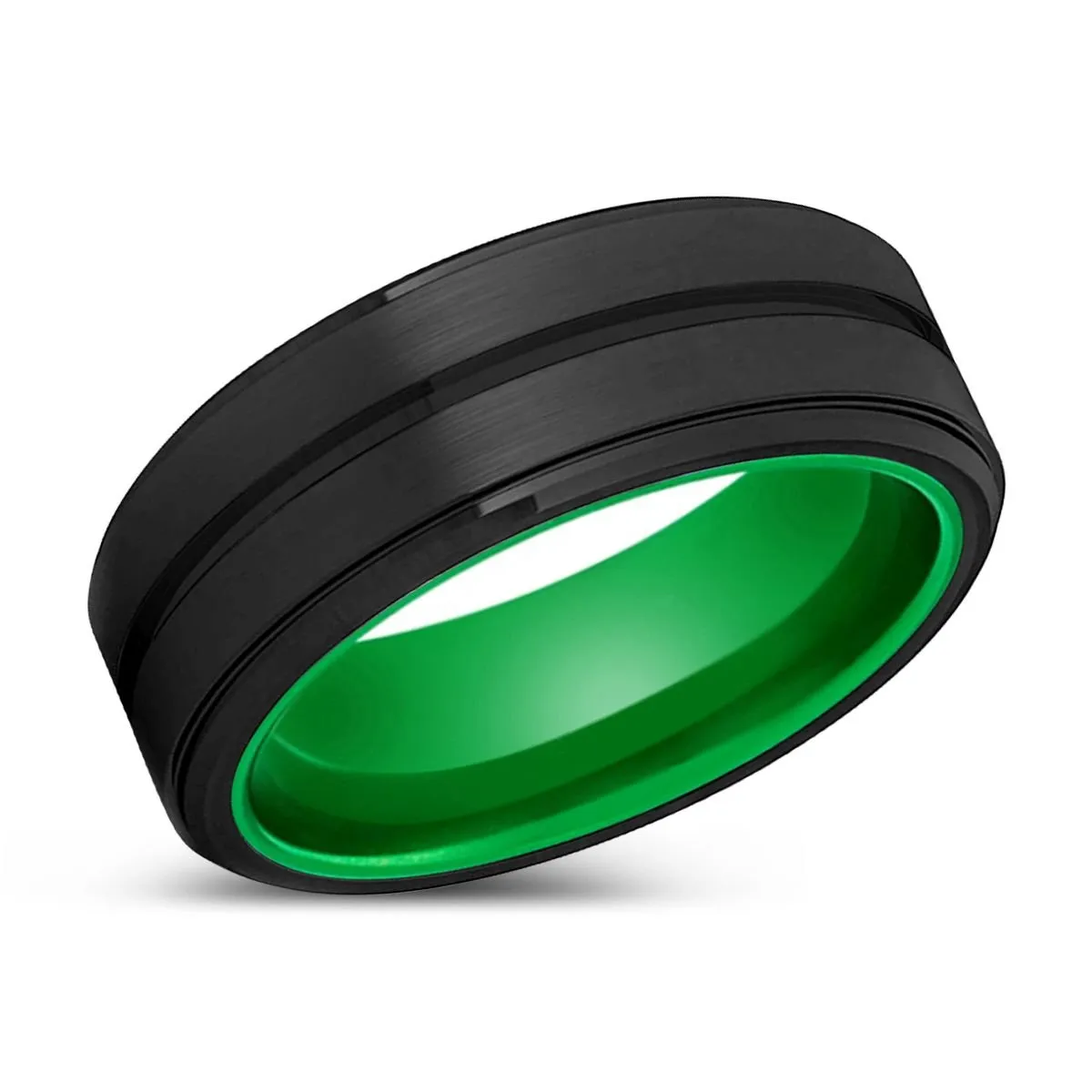 BLITZ | Green Ring, Black Tungsten Ring, Grooved, Stepped Edge