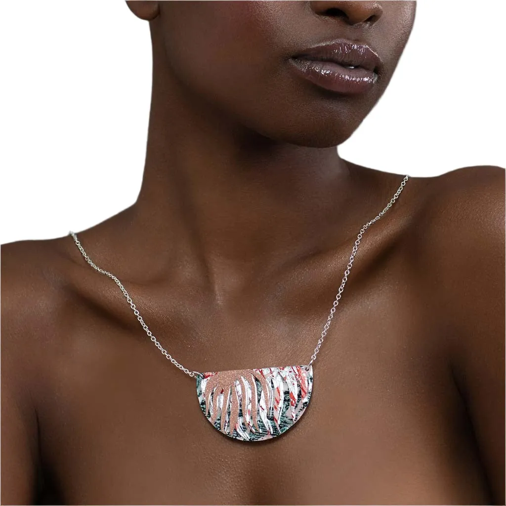 Bláth Batik Textile Necklace in Dark-Green/Blush Shimmer/Silver/Coral