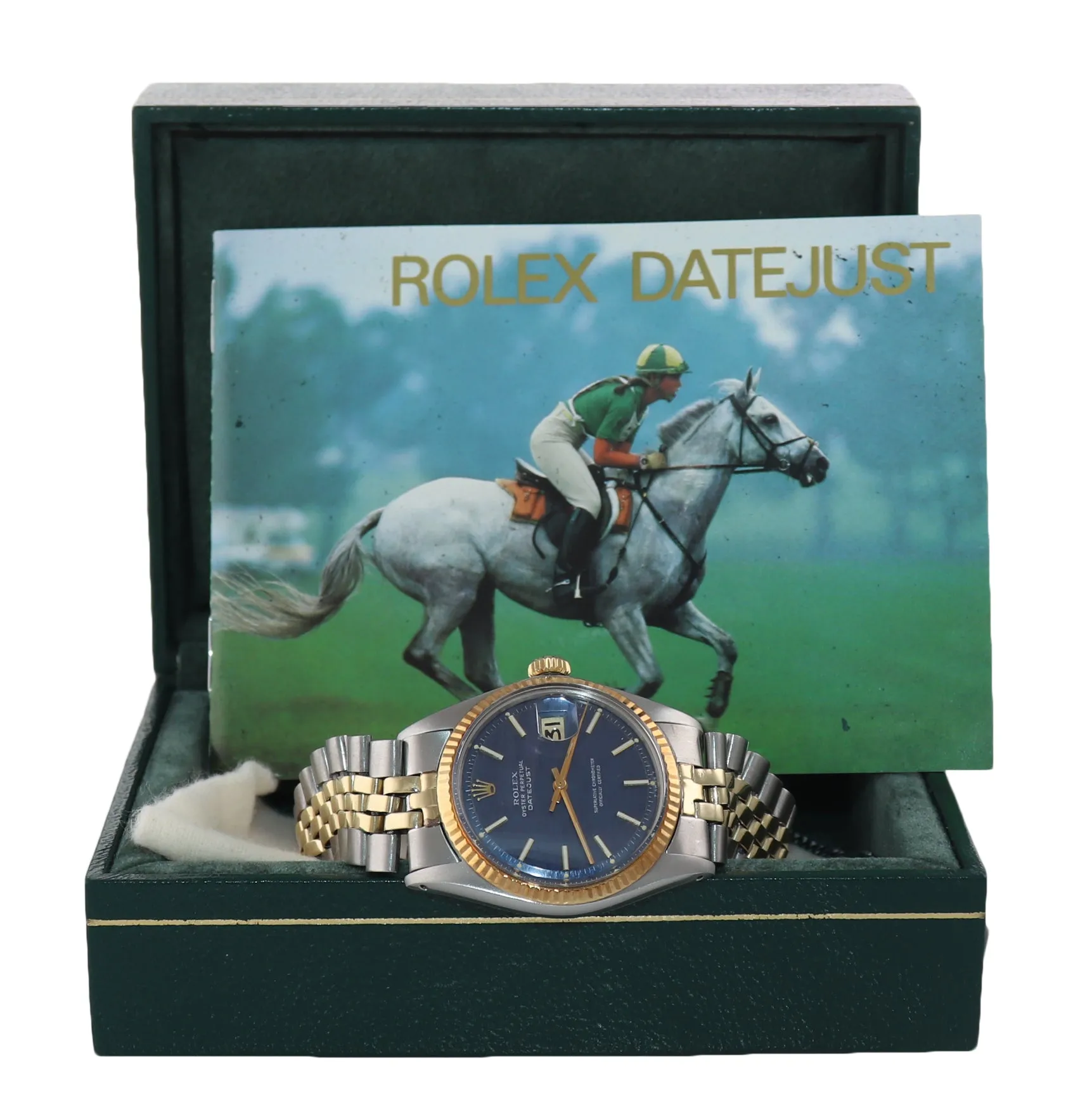 Blue CONFETTI Rolex DateJust 1601 two tone Gold Steel Fluted Jubilee Watch box