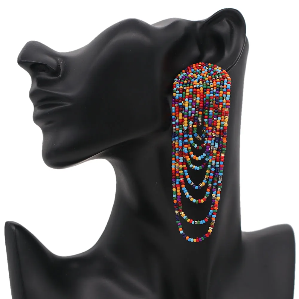 Blue Multicolor Long Seed Bead Earrings