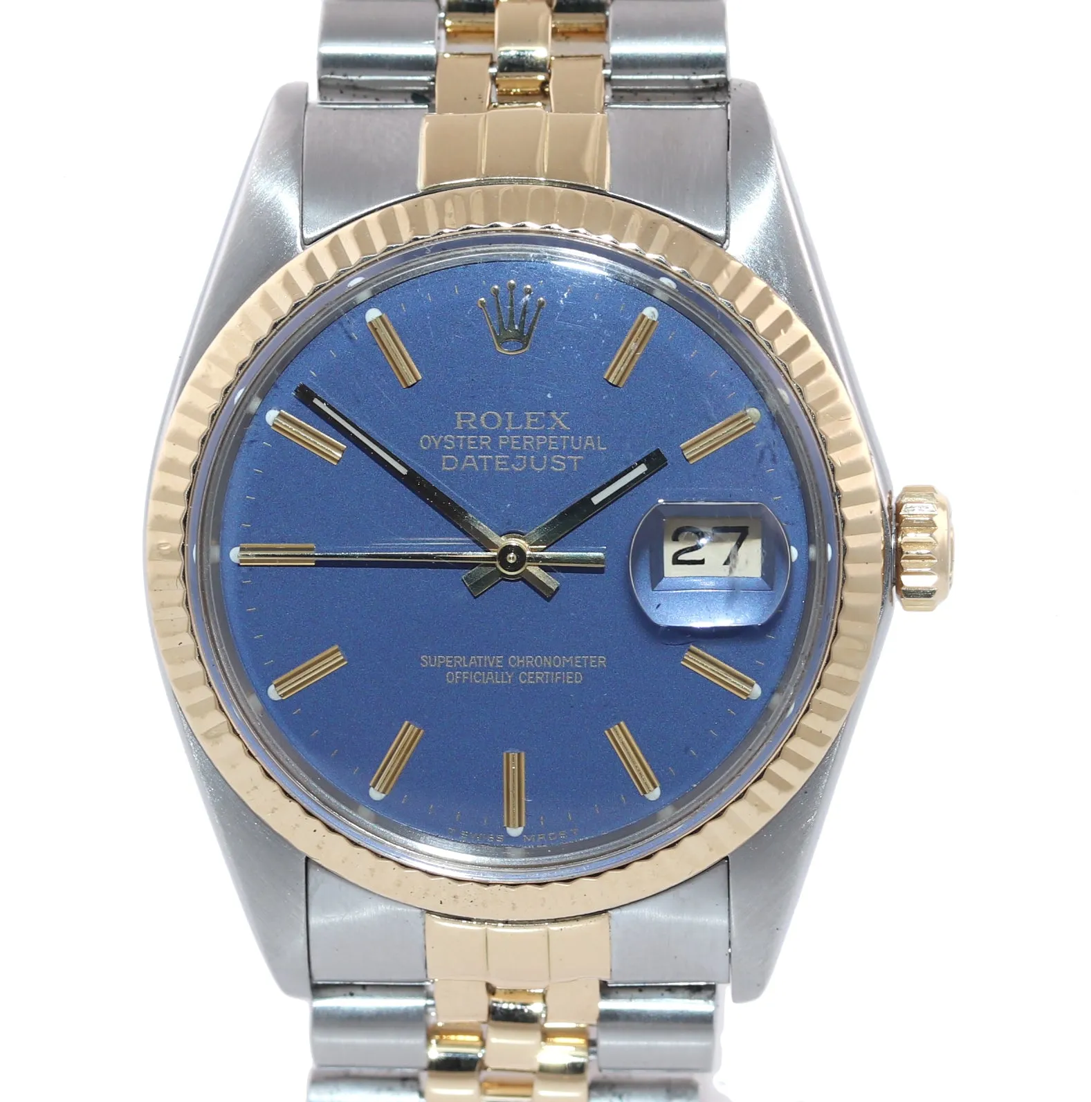 Blue Rolex DateJust 16013 two tone 18k Yellow Gold Steel Fluted Jubilee Watch