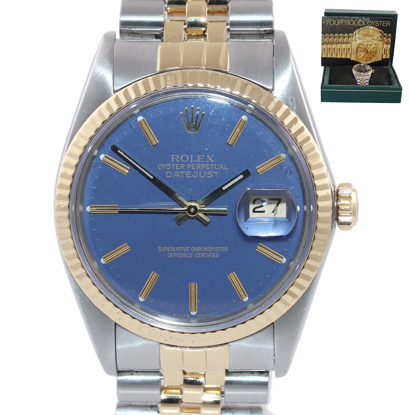 Blue Rolex DateJust 16013 two tone 18k Yellow Gold Steel Fluted Jubilee Watch