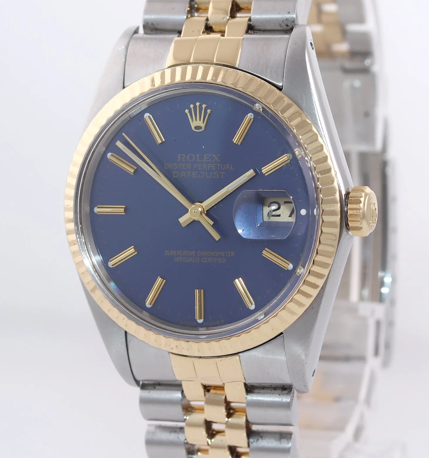 Blue Rolex DateJust 16013 two tone 18k Yellow Gold Steel Fluted Jubilee Watch